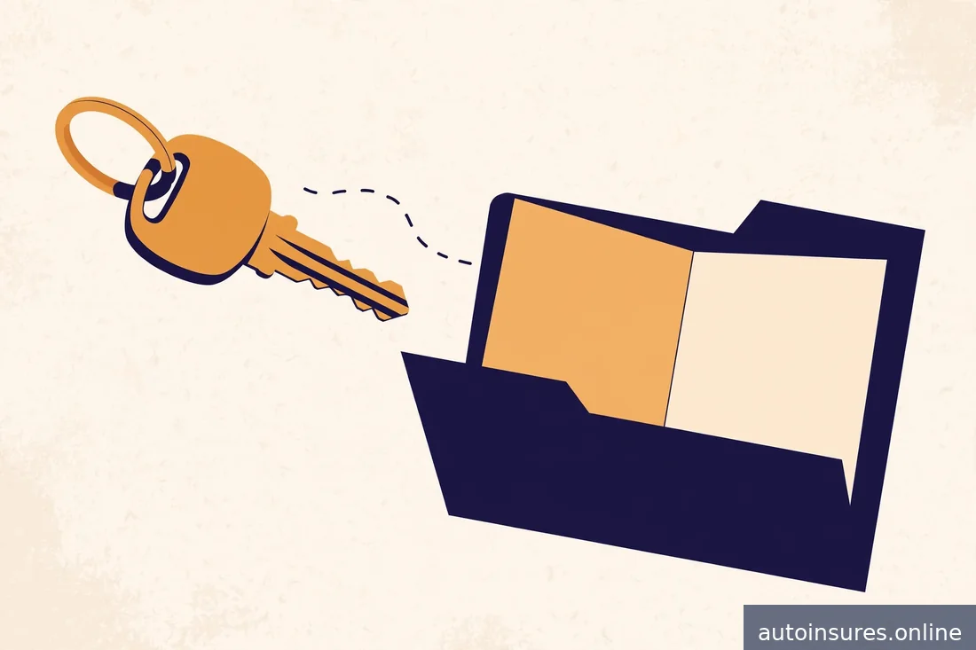 Editorial illustration of a car key being handed over beside an open contract folder, warm amber highlights on navy