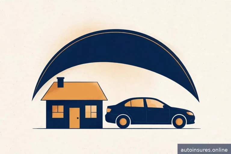 Editorial illustration of a house and a generic sedan side by side under a large protective shield, deep navy and warm amber palette