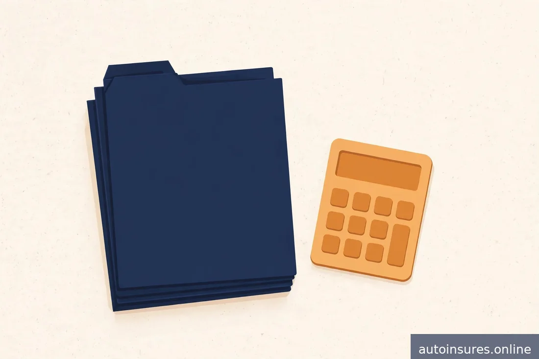 Editorial illustration of stacked insurance document folders with a calculator, warm daylight, navy and amber tones