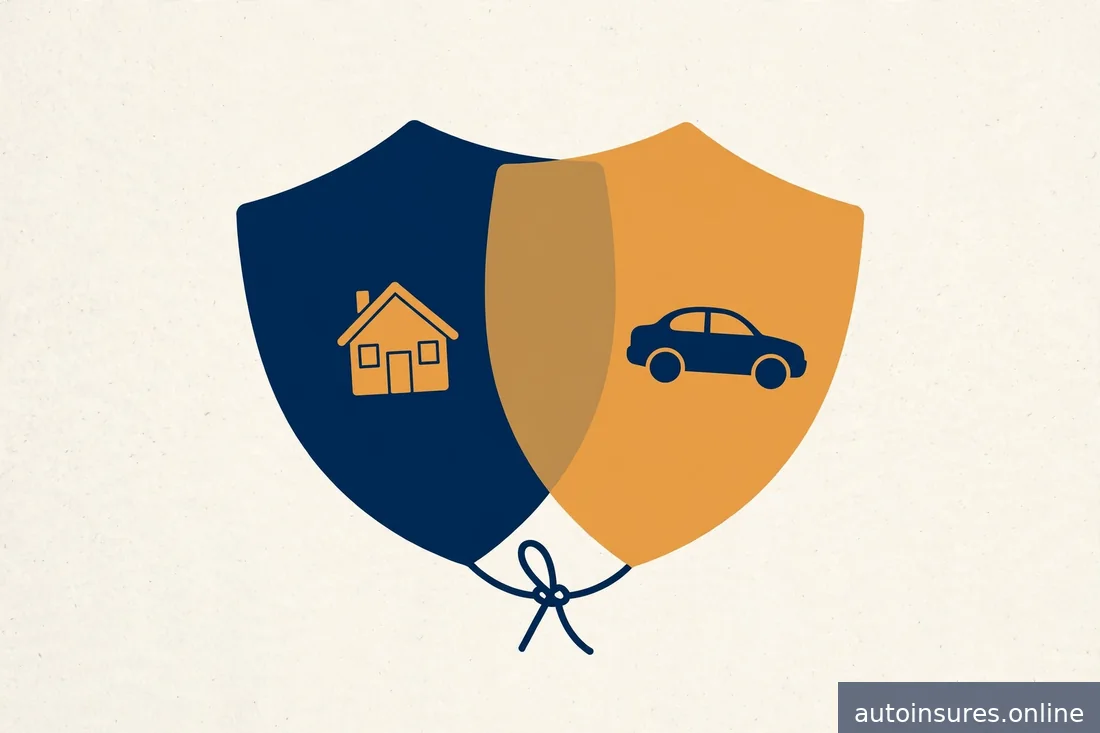 Editorial illustration of two overlapping shield shapes joining a house and car into one bundle, amber and navy on paper texture