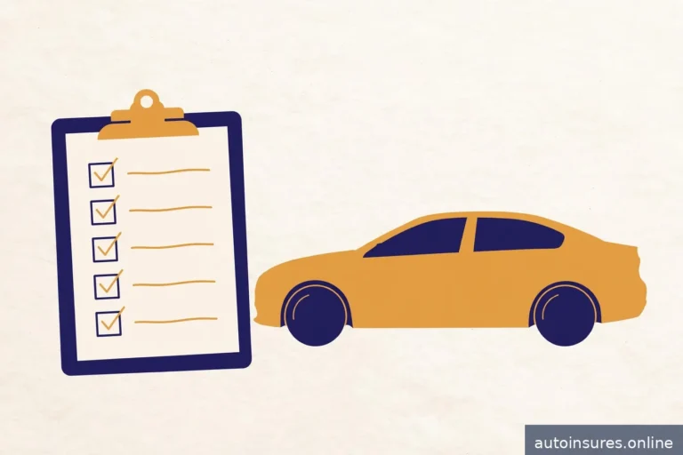 Editorial illustration of a clipboard with an abstract claim checklist beside a generic sedan, warm paper background in navy and amber