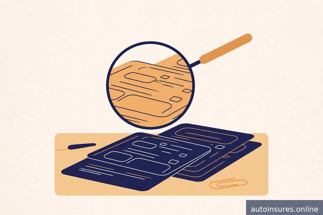 Editorial illustration of a magnifying glass over abstract car repair estimate documents, soft daylight, navy and amber