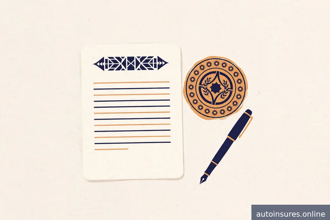 Editorial illustration of a signed settlement document with a wax-seal style stamp motif, navy and amber on warm paper