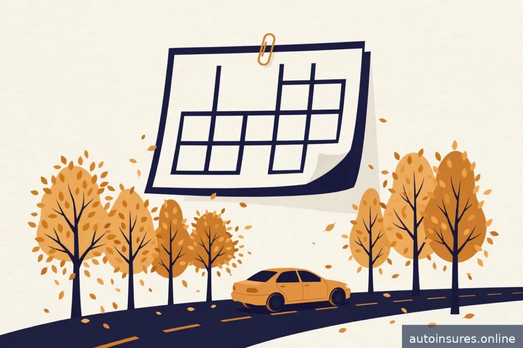 Editorial illustration of a generic sedan on a road lined with autumn trees, a large calendar motif showing fall months, navy and amber tones