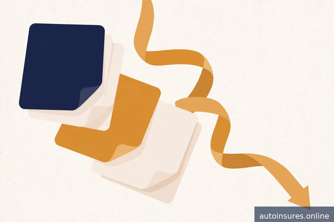 Editorial illustration of abstract premium documents with an arrow trending gently downward, amber arrow on deep navy