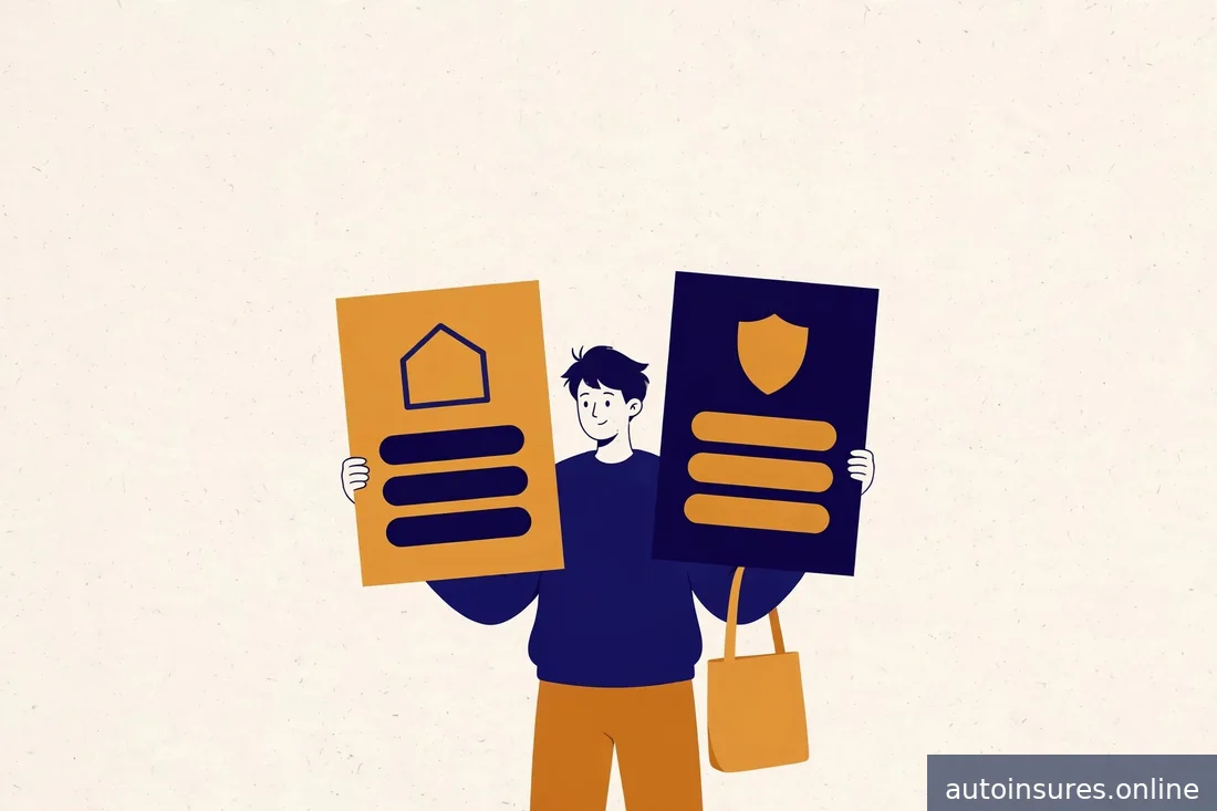 Editorial illustration of a shopper figure comparing two insurance quote cards on a warm paper background, navy and amber