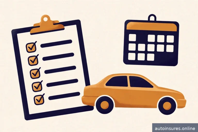 Editorial illustration of a large checklist clipboard with checkmarks beside a generic sedan and a wall calendar, navy and amber palette