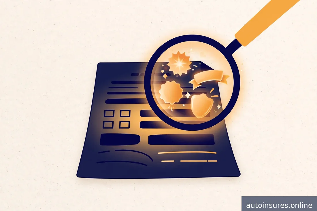Editorial illustration of a magnifying glass revealing discount badges on an insurance document, warm amber highlights
