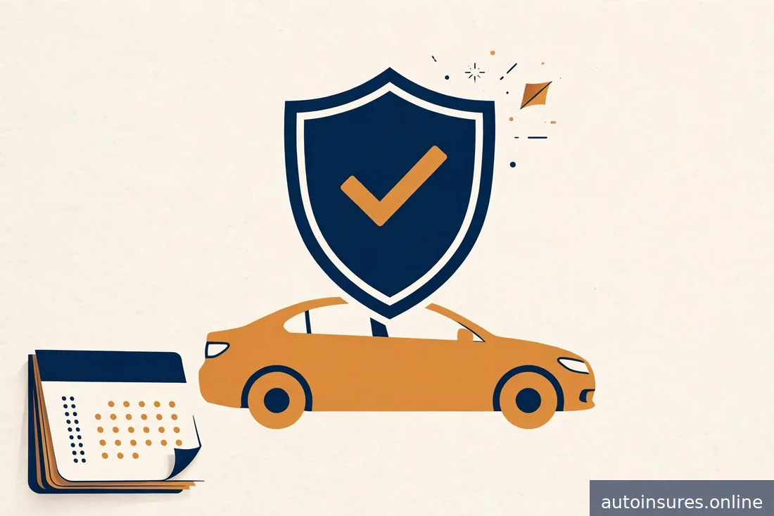 Editorial illustration of a shield with a checkmark guarding a generic car at year end, confetti-free calm design in navy and amber