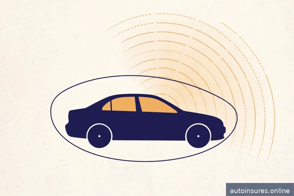 Editorial illustration of a generic sedan surrounded by radar wave arcs and a protective shield, deep navy and warm amber on paper background