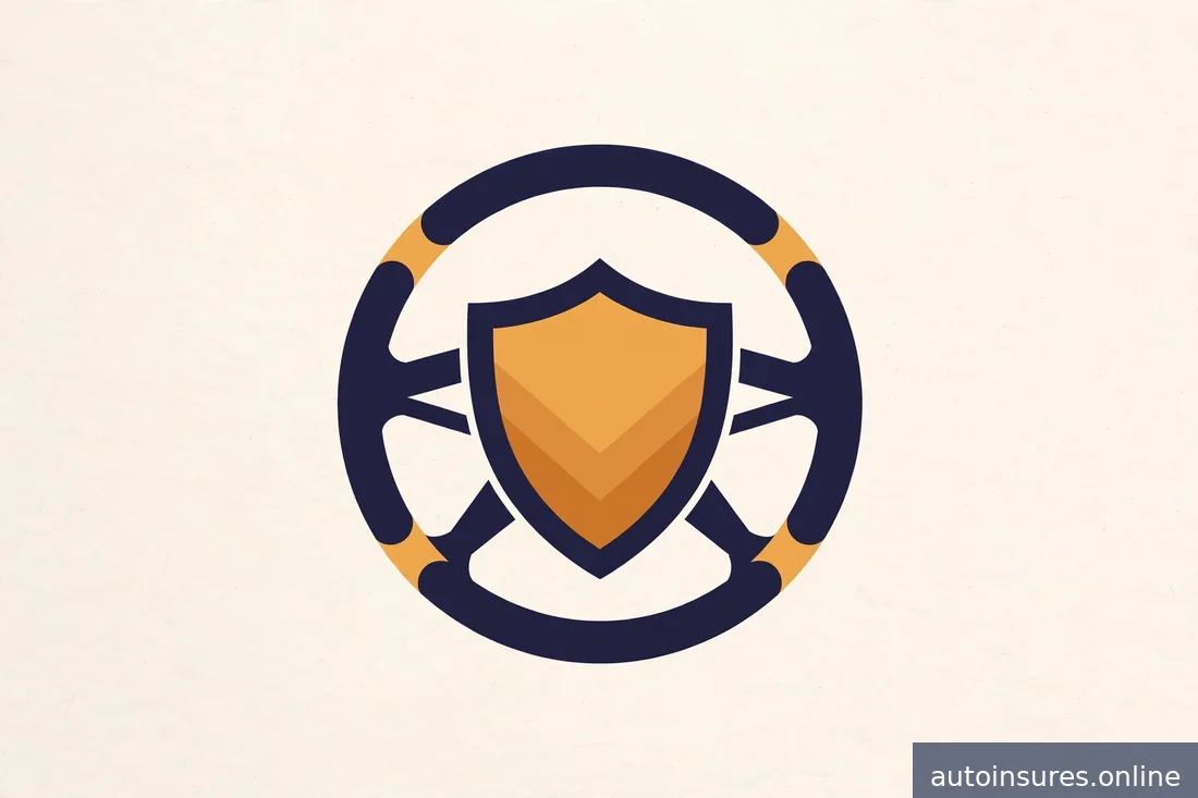 Editorial illustration of a steering wheel merged with a shield emblem, warm daylight, navy and amber tones