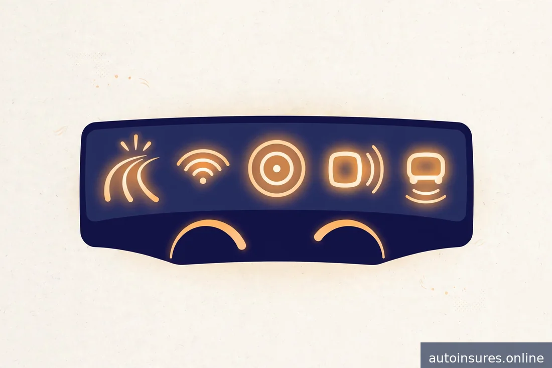 Editorial illustration of a car dashboard with glowing driver-assistance icons, abstract and text-free, navy and amber