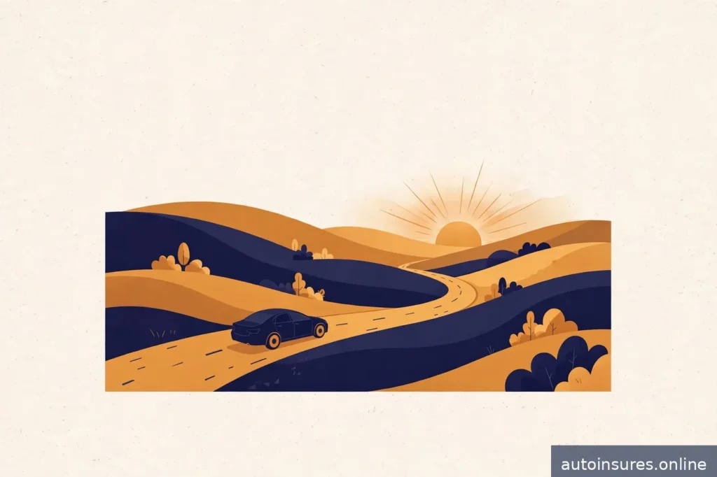 Editorial illustration of a generic sedan driving on a highway through warm rolling hills at dusk, holiday travel mood, navy and amber