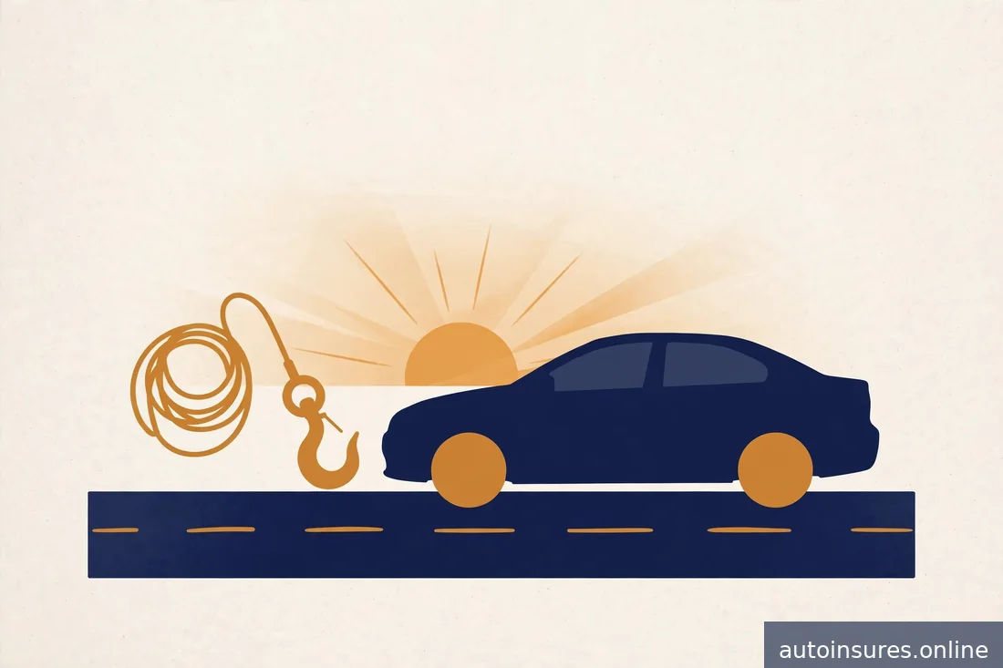Editorial illustration of a tow truck hook and a generic car silhouette on a quiet highway, warm amber sunset tones