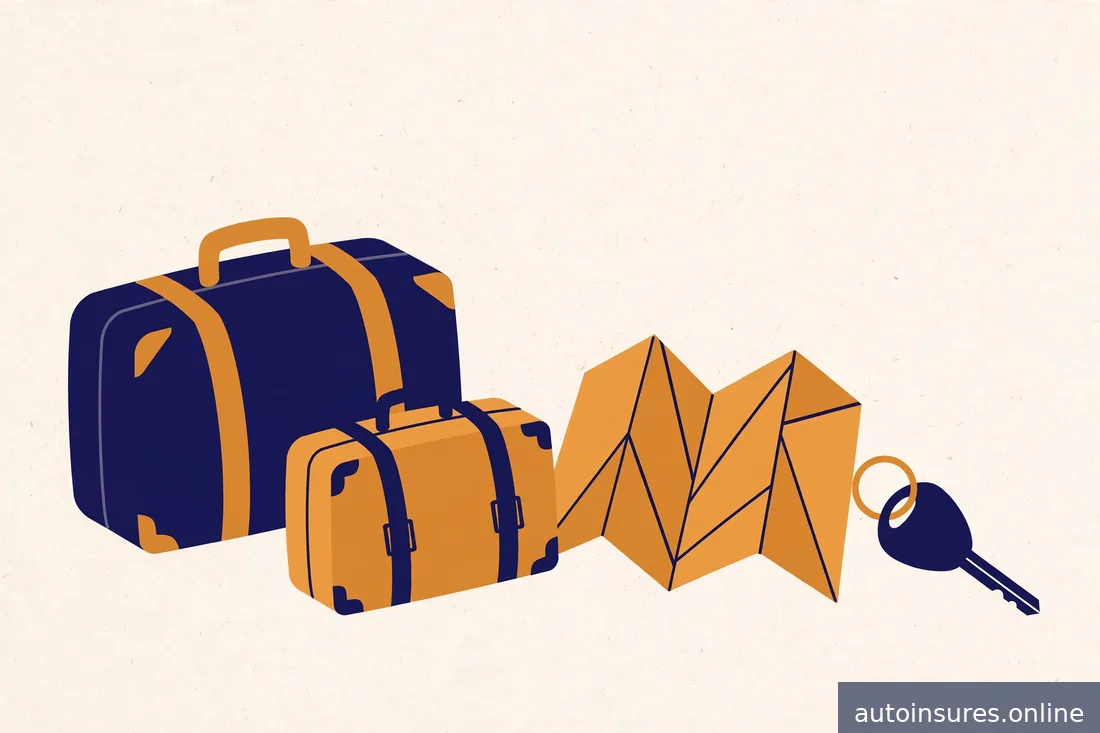Editorial illustration of packed suitcases and a paper map beside a generic car key, warm holiday travel tones